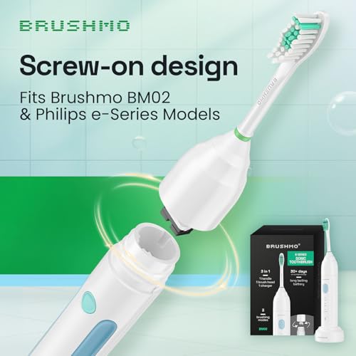 Image of Brushmo e-Series Total Clean Replacement Toothbrush Heads, Compatible with Philips Sonicare Screw-on Electric Toothbrush Handles, 6 Standard Heads, Medium Firm Dupont Bristles, BM726-bw, White
