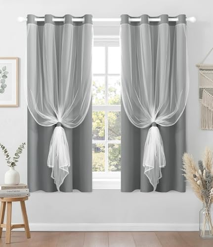 Image of 100% Blackout Curtains with Sheer Overlay, Grey, 52 x 63 inch, 2 Panels