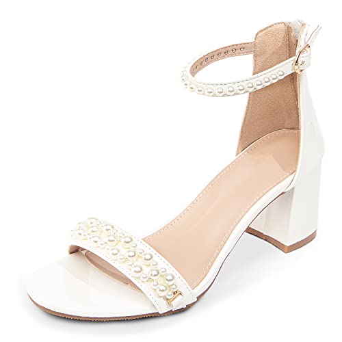 Image of Women's Heels Sandals for Women Open Toe Fashion Pearls Platform Heeled Sandals Ankle Strap Block Chunky Low Heel Pump Sandal Party Wedding Dress Shoe