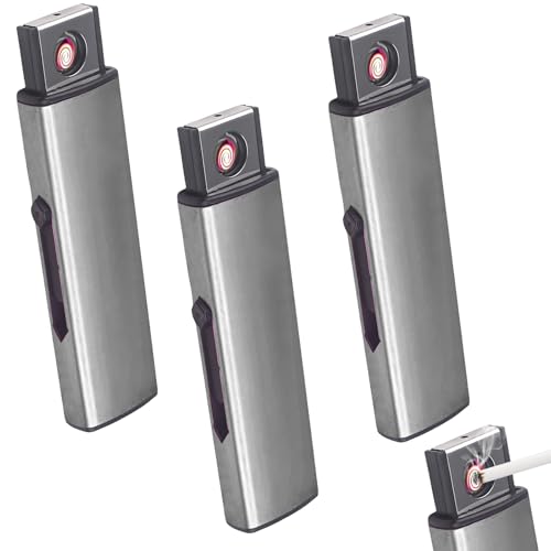 LEKEFETO Mechero electrónico de tormenta, 3 unidades, resistente al viento, con puerto USB, encendido de doble cara, sin llama, recargable por USB, plateado