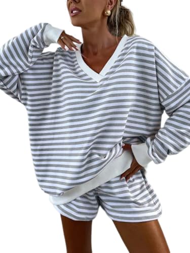 Melliflo Women 2 Piece Outfits Lounge Sets Striped Print Long Sleeve V Neck Sweatshirt and Shorts Set Fall Sweatsuit