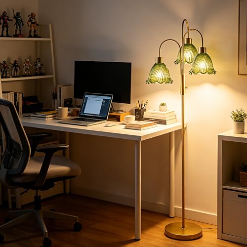 Image of Lightdot 3-Light Glass Floor Lamp for Living Room, 70 inch Gold Dimmable Standing Tall Lamp with Green Ribbed Glass Shades &3PCS 3000K Warm White Bulbs, Modern Tree Pole Lamp for Bedroom Home Decor