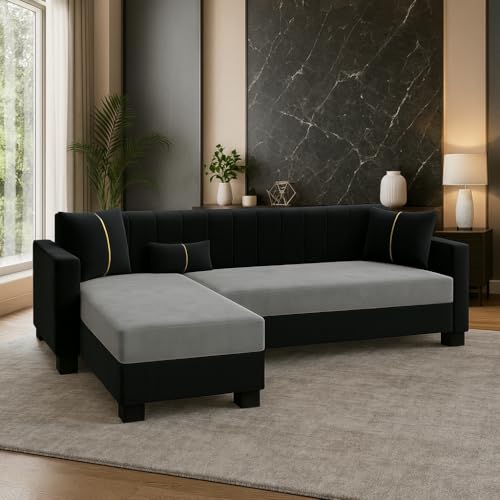 Image of SOCOZI Alveria 4 Seater LHS L Shape Sofa Set | Soft Velvet Suede Fabric | Modern Design | Plush Comfort Cushions for Living Room (Light Grey-Black)