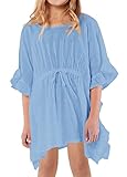 Teurkia Girls Summer Cover Up Short Sleeve Casual Linen Swimsuit Wraps Kids Beach Swimwear Blue
