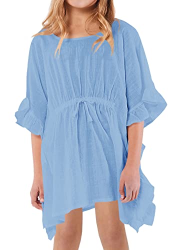 Teurkia Girls Summer Cover Up Short Sleeve Casual Linen Swimsuit Wraps Kids Beach Swimwear Blue #TOP7