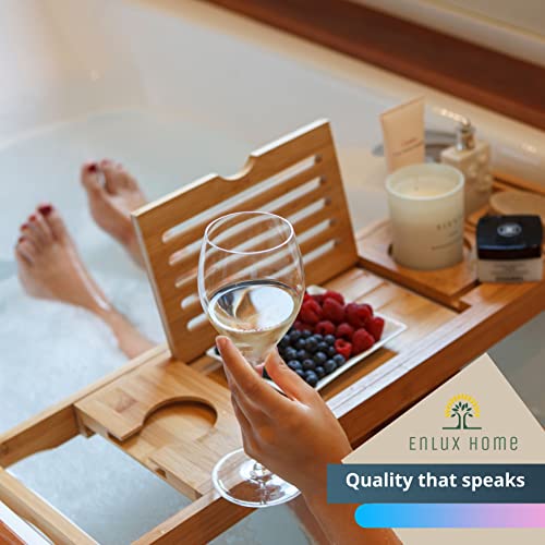 Enlux Bamboo Bathtub Caddy Tray, Expandable Bathtub Caddy Tray For Luxury Bath, Includes Cotton Towel, Soap Dish, Wine Glass Slot And Tablet Holder, Best Gift #TOP1