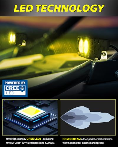 Image of 3 Inch 40W Yellow CREE LED Pods with Wiring Harness & Black Covers | High Intensity CREE LEDs, Spot Flood Combo Offroad Driving Lights Ditch Lights for Trucks Motorcycle SUV UTV ATV Dirt Bike