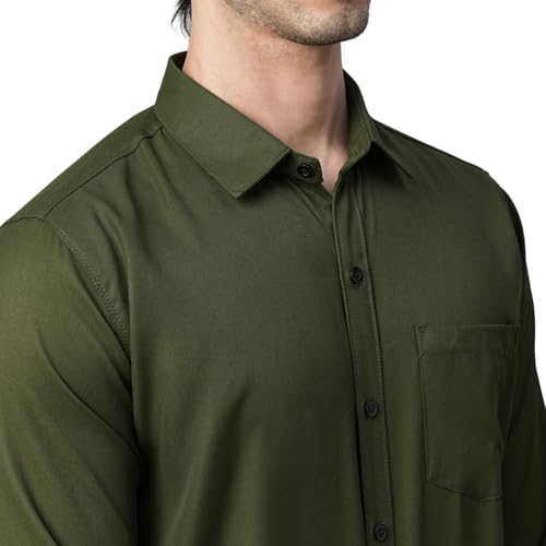 Image of Men's Army Green Regular Fit Casual Shirt | Solid Cotton Blend Full Sleeve Shirt for Office, Party