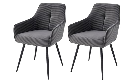 Hela Tische, Verona - Juego de 2 sillones con reposabrazos, Funda de Pana Ancha, Color Gris Oscuro, Asiento cómodo con muelles, reposabrazos, Patas de Metal de Tubo Redondo, soporta hasta 120 kg