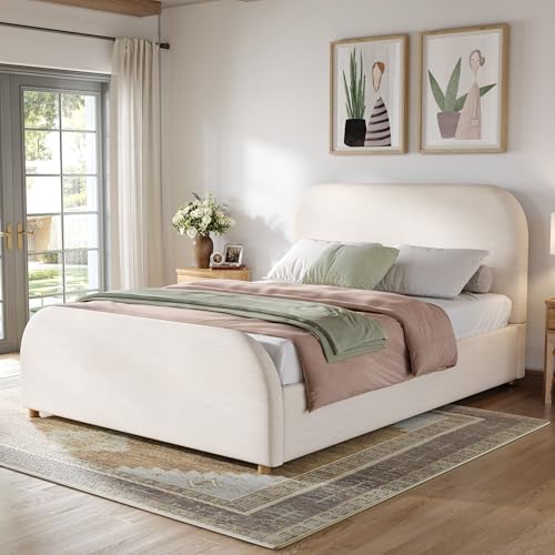 THINK 30 Bed Frame with Linen Upholstered Curved Headboard, Solid Wood Legs, Twin Size, Beige