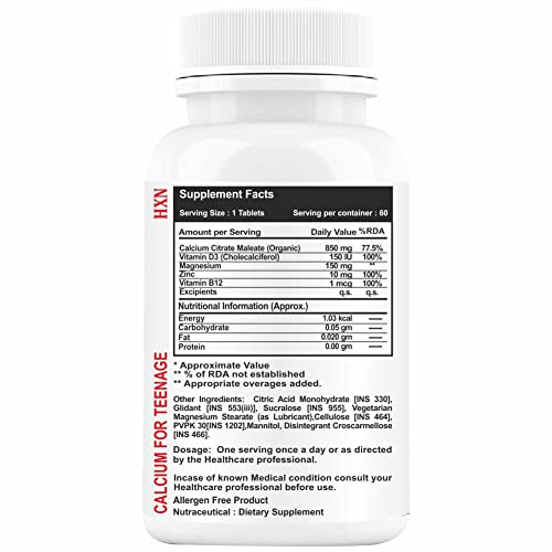 Image of HXN Calcium For Kids With Vitamin D3, Magnesium, Zinc, Vitamin B12, Multivitamin Supplements for Teenager Kids Strong Bones Health | Teeth | Growth | Sugar Free -60 Chewable Tablets (10-16 years)