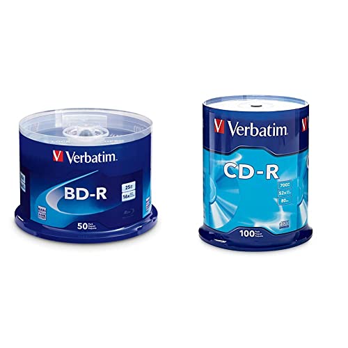 Verbatim Bd-R 25Gb 16X Blu-Ray Recordable Media Disc - 50 Pack Spindle & Cd-R Blank Discs 700Mb 80 Minutes 52X Recordable Disc For Data And Music - 100Pk Spindle Frustration Free Packaging #TOP22