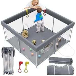 Foldable Baby Playpen with Mat, 50″ x 50″ Portable Play Pen for Toddlers with 2 Handlers, Easy Setup for Indoor/Outdoor Use, Baby Fence Playard, Perfect for Travel and Home, Grey