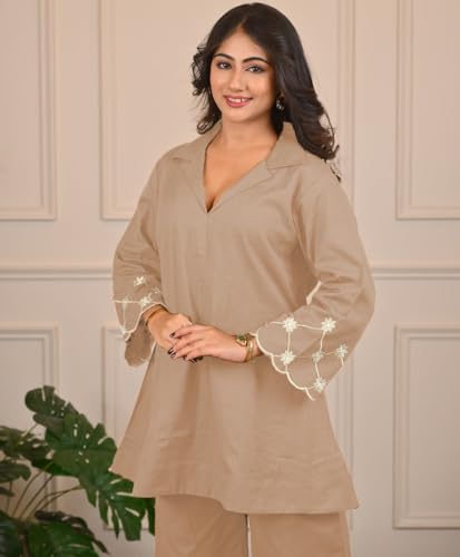 Shienzy Stylish Printed Cotton Blend Co Ord Set For Women || Casual & Festive Indo-Western Outfit || Kurta Pant Set (1666_Bg_M) Beige