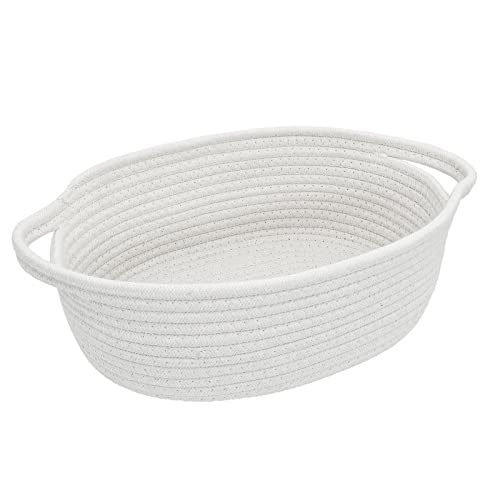 Small Basket Small Woven Basket Cute Cotton Rope Basket Toy Room Storage Basket Cat and Dog Toys Basket Handle Basket 12"x 8" x 5" Oval Double-Piece Fashion Light Color Design, White