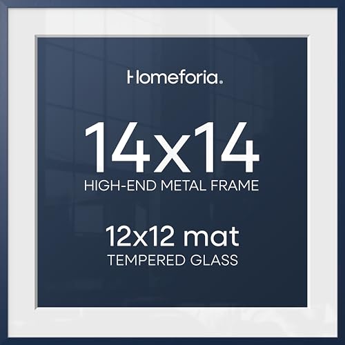 Image of Homeforia 14x14 Picture Frame Navy Blue, High End Metal 14 x 14 Square Poster Frame with Mat 12 x 12 Photo, 14x14 Frame Matted to 12x12 Print, 14by14 Hanging Frames, Tempered Glass, Wall Kit, Set of 1