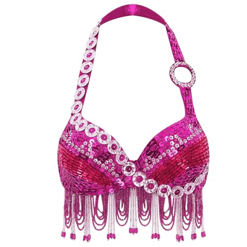 Women's Beaded Tassel Belly Dance Bra Top Sparkly Sequin Fringe Crop Top Performance Costume Rave