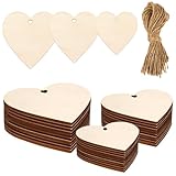 HSYTEK 50 Cuori di Legno con Corda di juta, Cuori di Legno da Personalizzare, Decorativi con Foro per Natale, Fai da Te, Artigianato, Matrimonio, Festa, Bigliettino Regalo