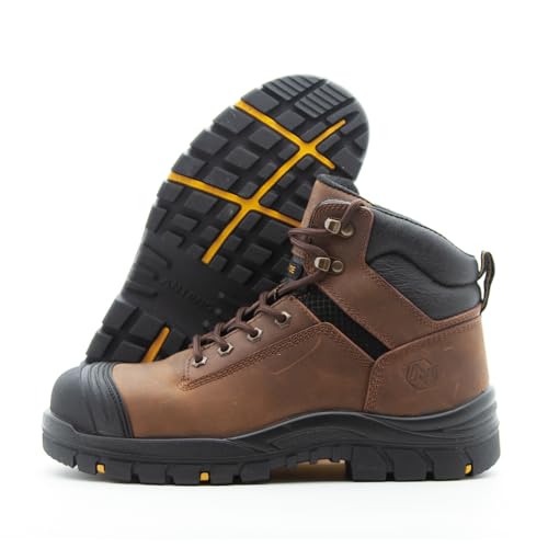 Men's Work Boots, Crazy Horse Leather, Steel Toes Mens Work Shoes, Non Slip Lace Up Protective Shoes, 6 Inch, Anti-Smashing,Anti-Fatigue (AT508, Brown)