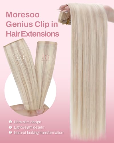 Image of Moresoo 150G Seamless Clip in Hair Extensions Ash Blonde to Bleach Blonde 24Inch 7Pcs PU Skin Genius Clip in Human Hair Extensions Natural Look Clips in Extensions for Women Party