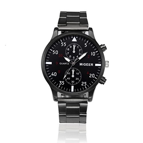 Goodsatar Moda Hombre Cristal Acero Inoxidable Cuarzo analógico Reloj de Pulsera (Negro 3)