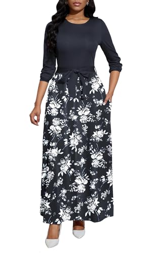 Image of BubFee Long Dress for Women Casual Long Sleeve Dresses Maxi Dress Empire Waist Loose with Belt