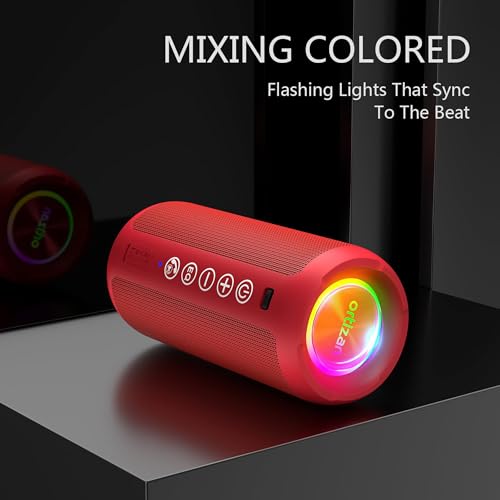 Image of Ortizan Portable Bluetooth Speaker: IPX7 Waterproof, 24W Loud Sound, Deep Bass, Bluetooth 5.3, LED Lights, Wireless Stereo Pairing, 30H Playtime, for Home /Outdoor /Party /Beach, Birthday Gift (Red)