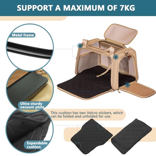 Petsfit Transportbox Hund Katze Faltbar Hundetasche für kleine Hunde Katzen Tragetasche mit verstellbarem Schultergurt & weiches expandierbare Kissen, M/Khaki