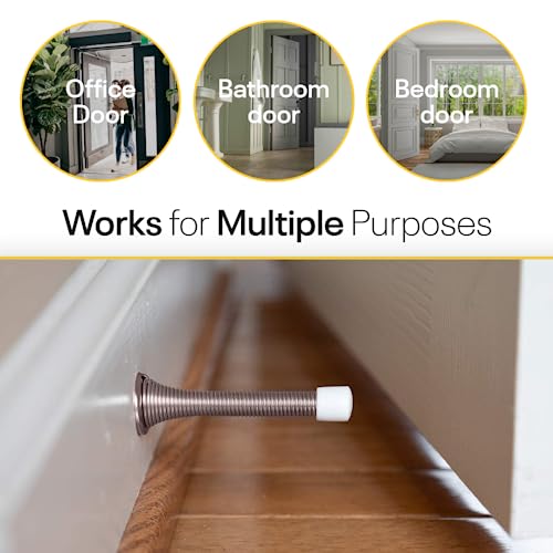Spring Door Stopper With Rubber Bumper - Pack Of 4 Door Knob Wall Protector 3 ¼” Flexible Heavy Duty Door Stop – Low Mounted White Wall Bumper For Home/Offices/Schools (Nickel) #TOP4