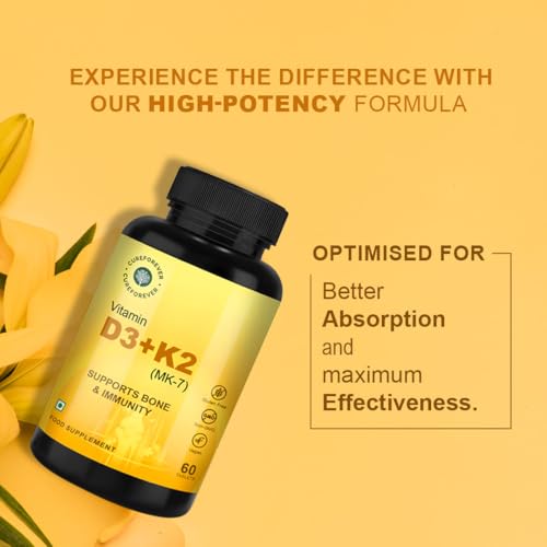 Image of CUREFOREVER Vitamin D3 + K2 (MK-7) Tablets - Vegan Vitamin D Supplement Supports Bone & Immunity, Vitamin D3 K2 for Men & Women | High Absorption Vitamin D Tablets, 60 Days Serving
