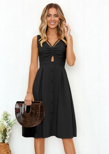 Image of ECOWISH Women 2026 Summer Dresses Tie Front V-Neck Spaghetti Strap Button Down A-Line Backless Swing Midi Dress