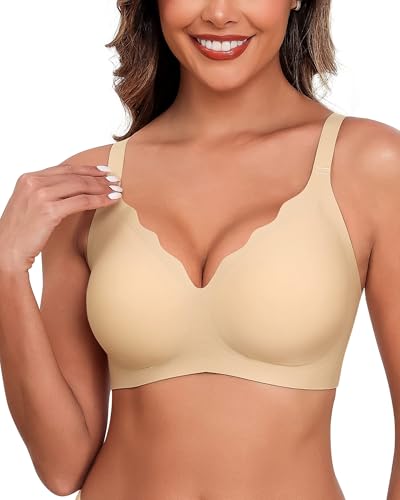 HORISUN Ohne Bügel BH für Damen, Nahtloser Bequemer V-Ausschnitt Vollständiger Bralette für Große Brüste mit Unterstützung Kein Bügel kabelloser Komfort Tshirt BHS (Hautfarben XL)