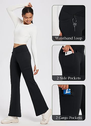 baleaf Thermo Hose Damen Thermo Leggings mit Taschen Wanderhose Wasserabweisend Bootcut Leggings Schlaghose Warm Winterhose Schwarz L