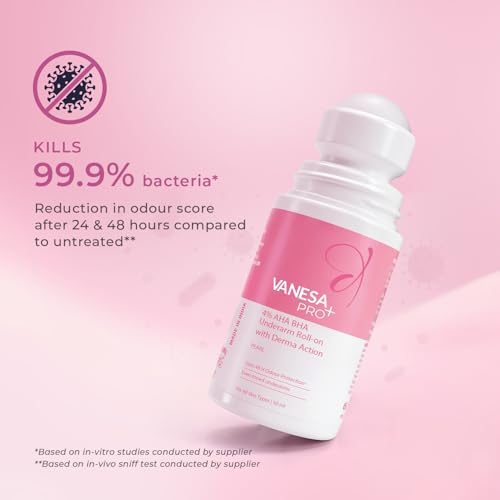 Image of Vanesa Pro+ 4% AHA BHA Underarm Roll-on Deodorant | Derma Action formula for Up-to 48 hrs freshness, Even Tone Skin, Kills bacteria, Reduces Body Odor & Mild Pigmentation | 1% Mandelic, 2% Lactic, 1% Salicylic, Kojic Acid, Niacinamide | Alcohol & Aluminium Free |Pearl Fragrance,50ml