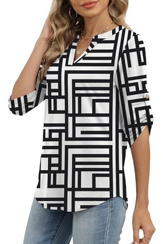 Image of XIEERDUO 3 /4 Length Sleeve Womens Tops V Neck T Shirts Both Side Buttons Blouses Business Casual Outfits Loose Fit