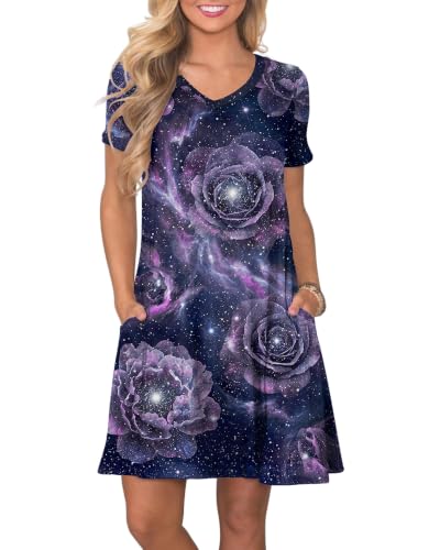Image of COSSEN Women's Casual T Shirt Dress V-Neck Short Sleeves Swing Dresses Birthday Party Summer Travel Beach with Pocket