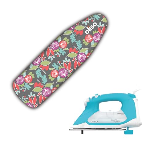 Image of Oliso TG1600 Pro Plus 1800 Watt SmartIron with Auto Lift (Turquoise) & OLISO Ironing Board Cover, durable 100% cotton lined with professional grade felt pad (Floral)