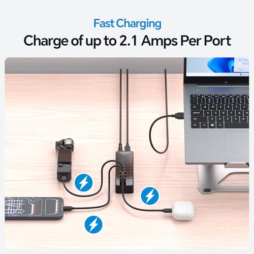 Image of Powered USB Hub, 10 Ports USB A 3.0 5Gbps Data Hub, with 7 USB-3.0 Ports, 3 PowerIQ Charging Ports, 60W Power Adapter for Laptop and More