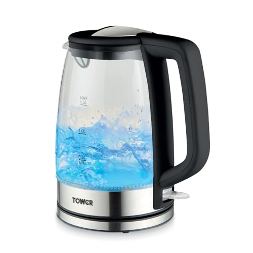 Tower PT10090BLK Illuminating Glass Kettle with Removable Filter Boil Dry Protection 1.7L 2200W Black & Stainless Steel