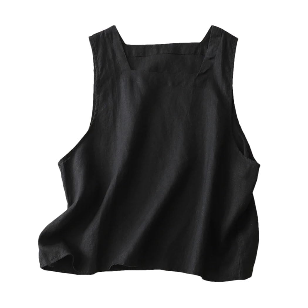Camiseta básica de algodón y lino para mujer, de verano, cuello cuadrado, sin mangas, estilo vintage, holgada