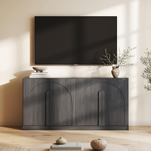 Image of BELLEZE Bijou 64 inch Modern Buffet Sideboard, Mid-Century Arch Carved Wood Door Cabinet, Textured Storage Console for Living Room, Kitchen, Entryway - Ebony