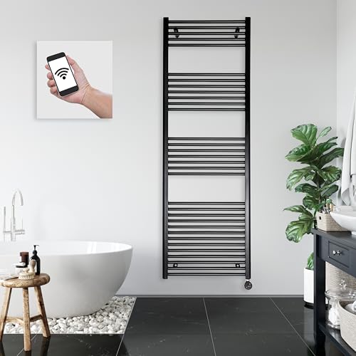 anapont WiFi und Bluetooth elektrischer Badheizkörper 1775x600 - schwarz gerade - Handtuchheizkörper - Badheizung elektrisch - Handtuchheizung - Made in Germany