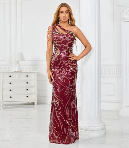 Image of Cololura Women Sequin Elegant Sexy One Shoulder Tassel Mermaid Bodycon Cocktail Evening Dress