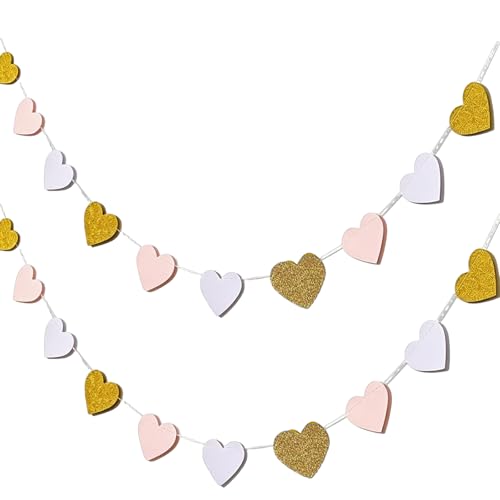 Shensuii 2Pcs Heart Garland White Pink Gold Heart Bunting Banner Engagement Party Decorations Love Hearts Hanging Decorations for Valentines Day Wedding Birthday Party