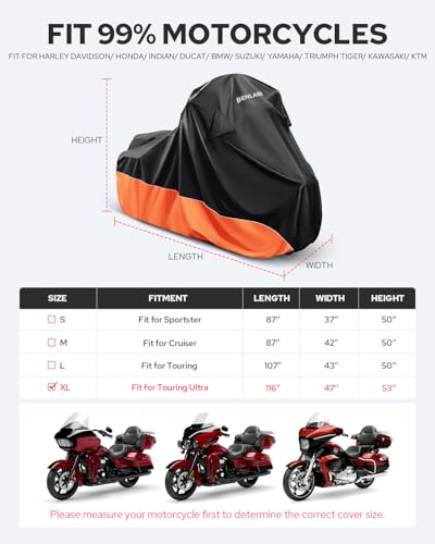 Image of Benlari Waterproof Motorcycle Cover with Side Top Box Compatible with Harley Davidson Touring Ultra Limited Street Glide Road Glide Electra Glide Honda Outdoor All Weather Protection, 116 inch x 47 inch x 53 inch