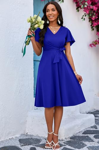 Image of FANDEE Women's Casual Midi Dress Wedding Guest Dresses for Chuch Cocktail Ruffle Short Sleeve A-Line V Neck with Belt Blue