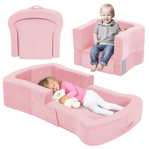 Portable Toddler Travel Bed, 2-in-1 Foldable Toddler Bed Sofa Chair, Soft Baby Kids Travel Floor Cot with Washable Covers Safety Foam Raised Bumper for Grandma's House Road Trips Camping Hotel (Pink)