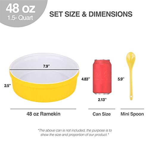 Souffle Dish Ramekins for Baking – 48 Oz, 1.5 Quart Large Ceramic Oven Safe Round Fluted Bowl with Mini Condiment Spoon for Soufflé Pot Pie Casserole Pasta Roasted Vegetables Baked Desserts (Yellow) - Thumbnail 5