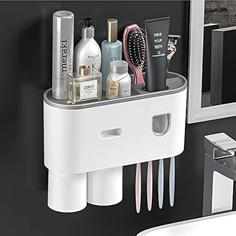 Self Adhesive Wall Mounted Toothbrush Holder, Automatic Toothpaste Dispenser, with toothbrush slots, Bathroom Sink Storage, Cosmetic Organiser Drawer (Grey,2 Cups) Cover