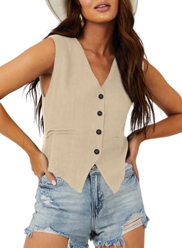 Dokotoo Women's Suit Vest Tops 2026 Dressy Casual Business Button Sleeveless Trendy Fashion Waistcoat Vests with Pocekts Apricot Large